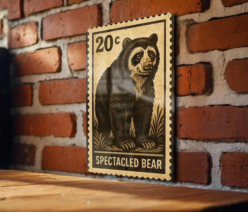 A 20c postage stamp featuring a spectacled bear is displayed on a brick wall.
