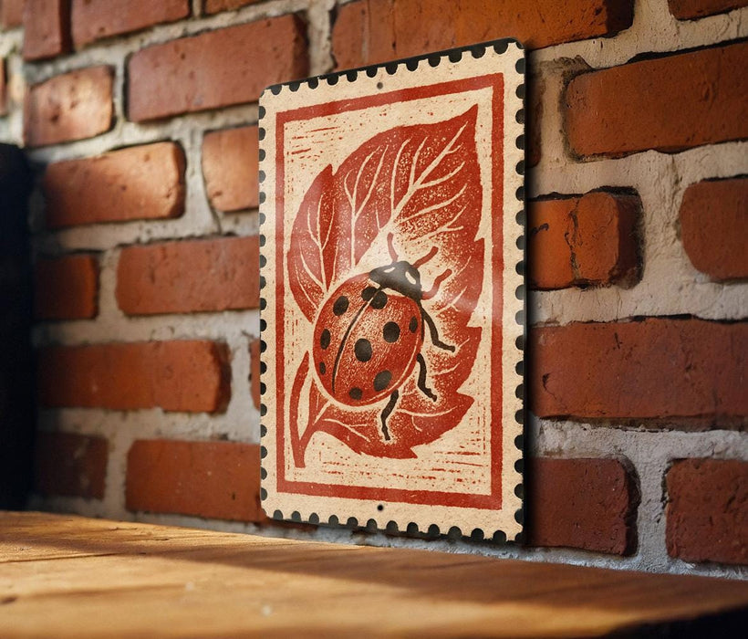A metal sign featuring a ladybug on a leaf is mounted on a brick wall.