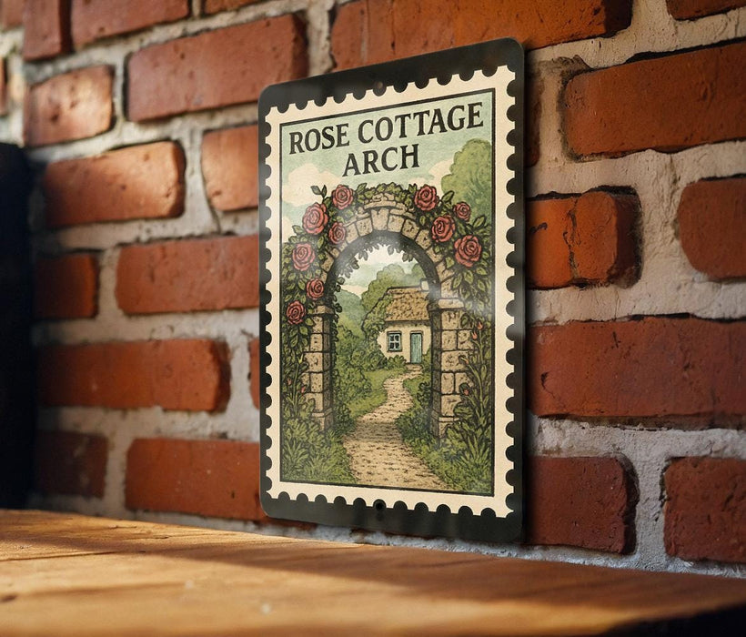 A metal sign with a vintage-style illustration of a cottage arch and a path leading to a house, mounted on a brick wall.