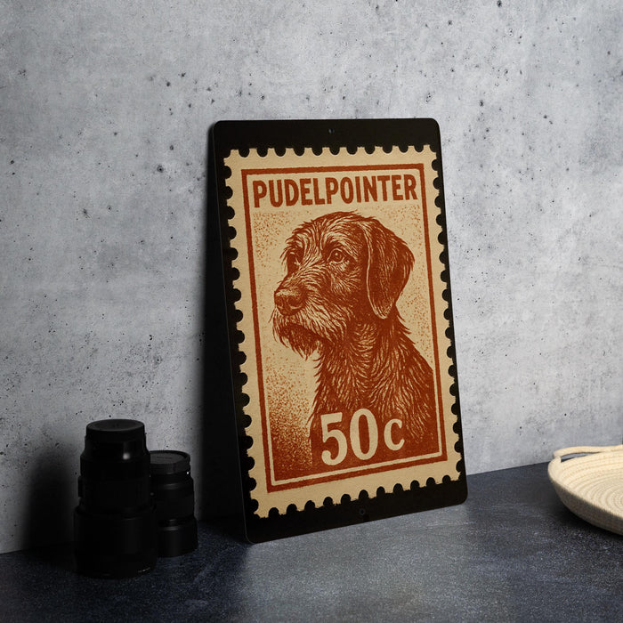 A metal frame with a postage stamp design featuring a dog's head, placed on a table next to some black camera lenses.