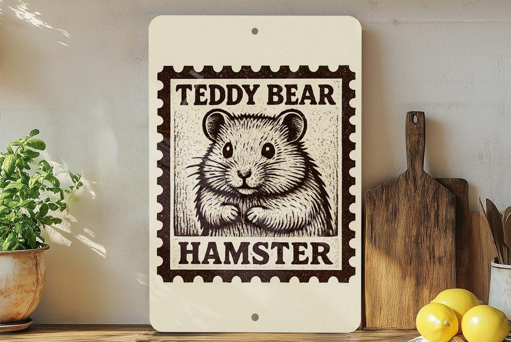 A framed image of a teddy bear is displayed on a shelf, with a wooden cutting board and a potted plant nearby.