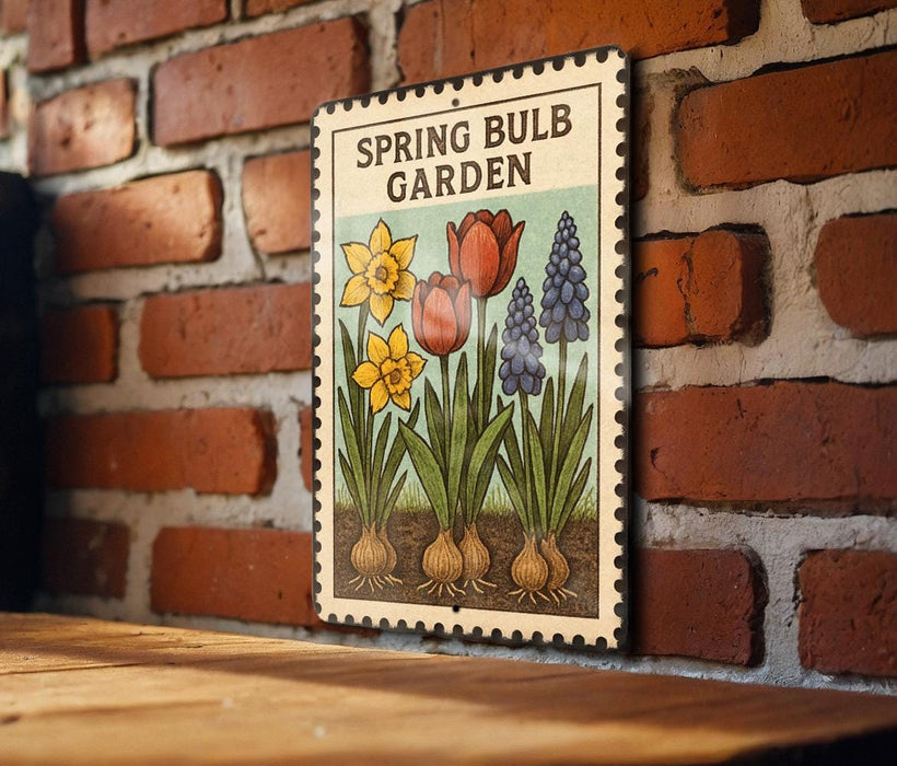 A vintage-style sign with illustrations of tulips and daffodils, mounted on a brick wall.