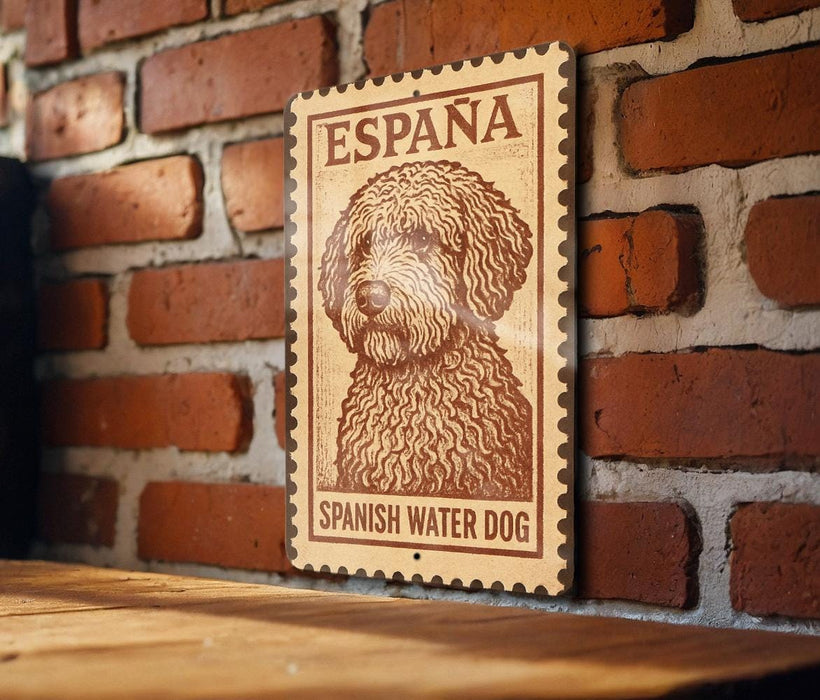 A wooden sign with a stamp-like design, featuring a portrait of a curly-haired dog, mounted on a brick wall.