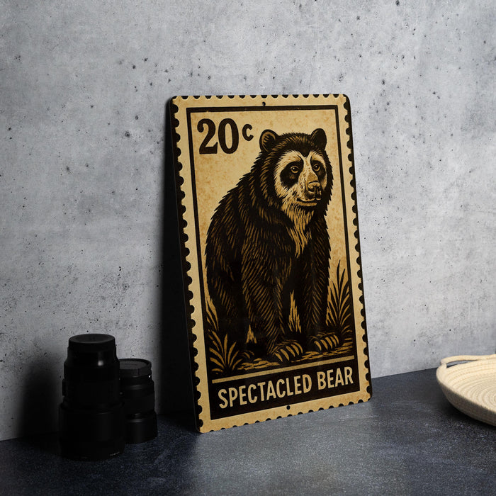 A metal stamp featuring a detailed illustration of a spectacled bear, with the text "SPECTACLEED BEAR" printed on it.