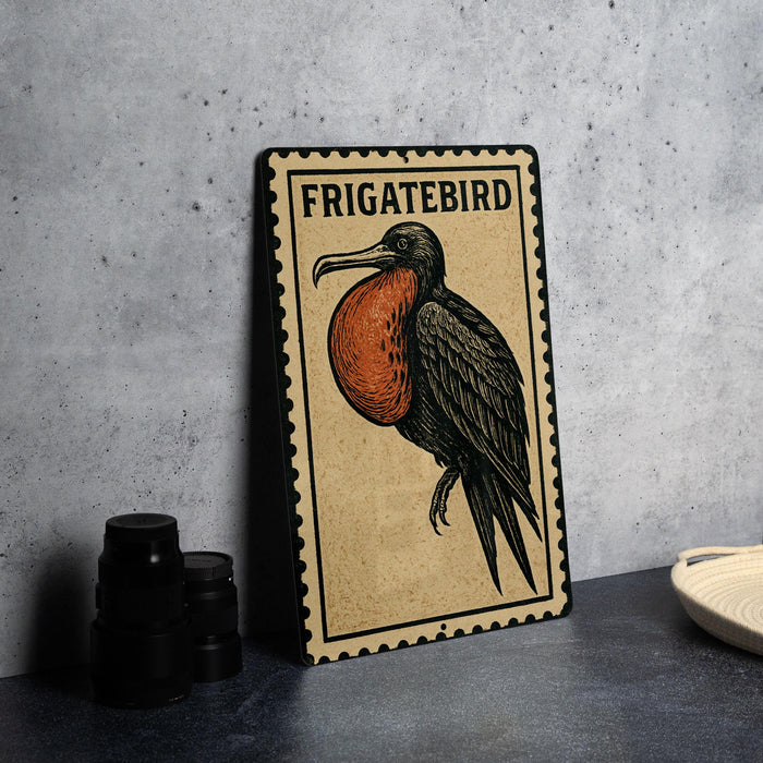 a metal sign with a bird illustration, placed on a table next to some black camera lenses.