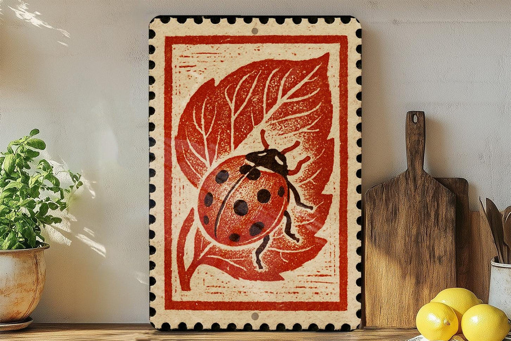 a decorative ladybug design on a wooden frame, placed on a shelf next to a wooden cutting board and a potted plant.