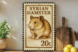 a wooden shelf with a potted plant, a wooden cutting board, and a small plant. There is a small wooden stamp-like object on the shelf, which appears to be a picture of a hamster.