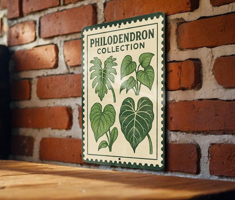 a sign for the Philodendron Collection, which is displayed on a brick wall.