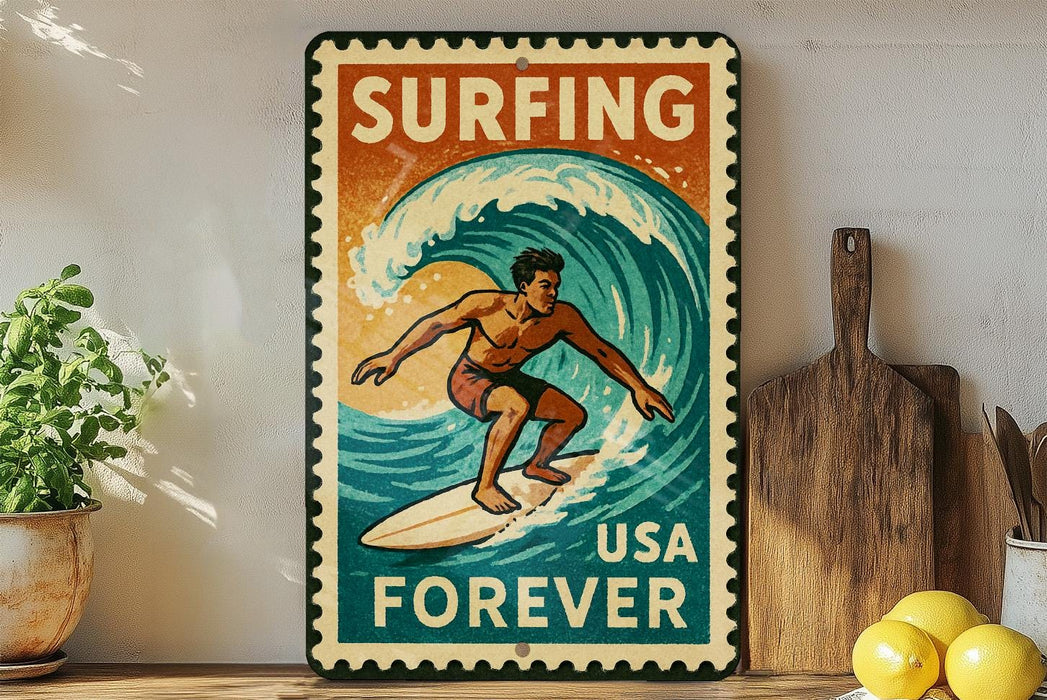 A vintage-style metal sign with the text "SURFING USA FOREVER" and an illustration of a surfer riding a wave.