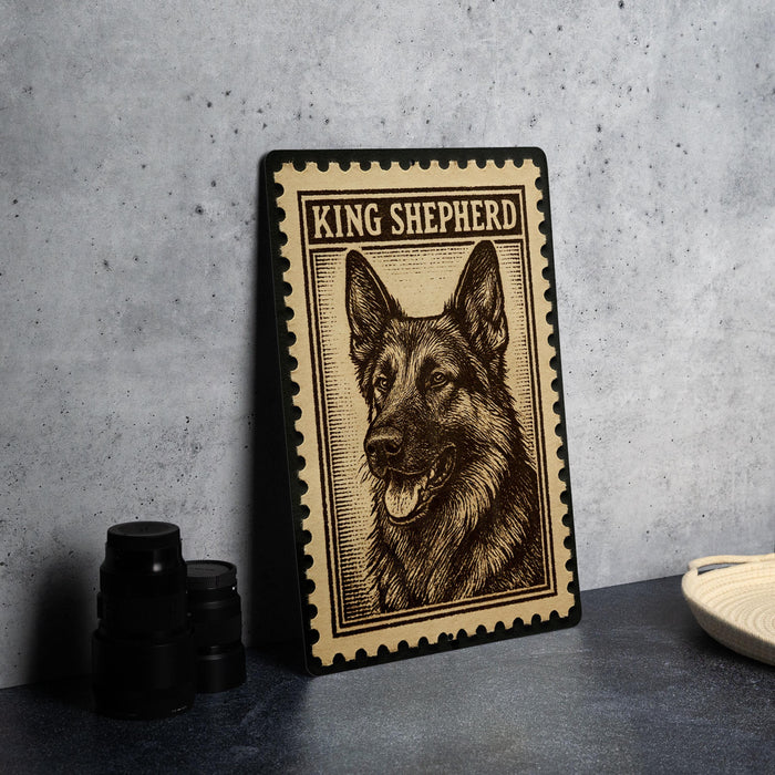 A framed image of a German Shepherd dog, with the text "KING SHEPHERD" printed on it, is displayed on a table.