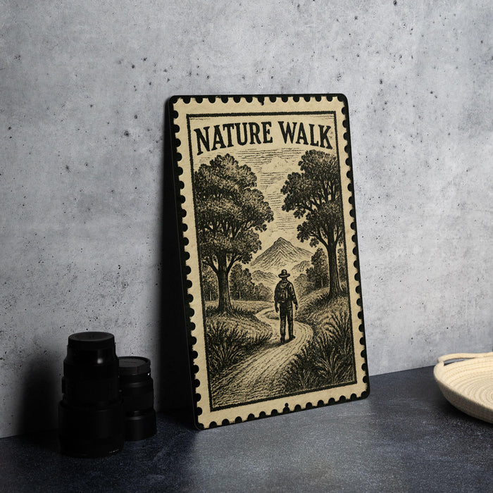 A framed illustration of a person walking along a path through a forest, with the text "NATURE WALK" prominently displayed.