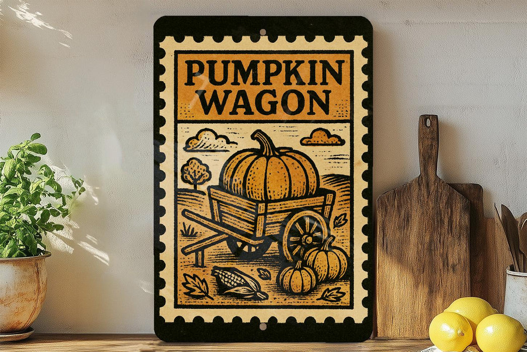 a pumpkin wagon sign with a rustic design, placed on a wooden surface next to a wooden cutting board and some lemons.