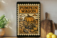 a pumpkin wagon sign with a rustic design, placed on a wooden surface next to a wooden cutting board and some lemons.