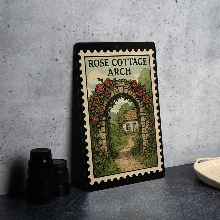 A framed illustration of a rose archway leading to a cottage, with the text "ROSE COTTAGE ARCH" on the frame.