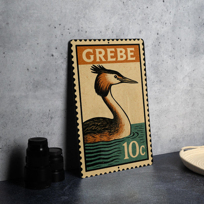 A metal stamp featuring a bird, likely a crane, sitting in a body of water. The stamp has the text "GREBE" and "10c" printed on it.