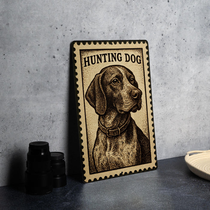 A framed image of a hunting dog, with the text "HUNTING DOG" printed on it, is displayed on a table next to some black camera lenses.