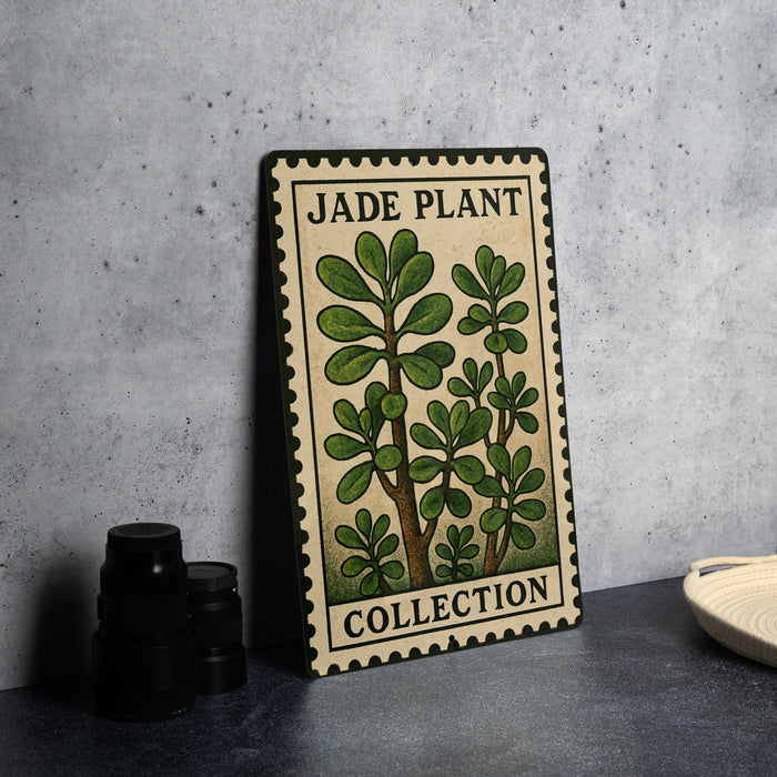 A framed poster with a jade plant illustration, placed on a table next to some black camera lenses.