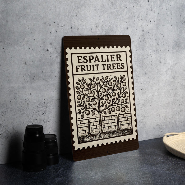 a wooden sign with a tree illustration and text, placed on a table next to some black camera lenses.