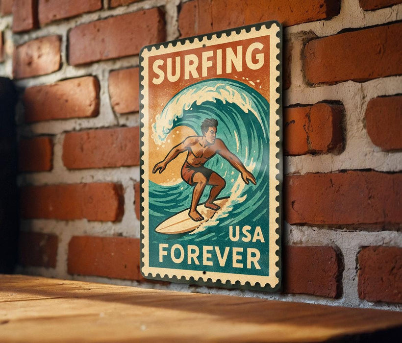 A vintage-style metal sign with a surfer riding a wave, mounted on a brick wall.