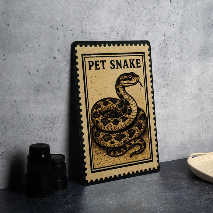 A framed image of a pet snake is displayed on a wall, with a stack of black camera lenses to the left and a white dish to the right.