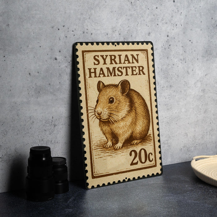 A metal stamp featuring a hamster, with the text "SYRIAN HAMSTER" and "20c" printed on it.