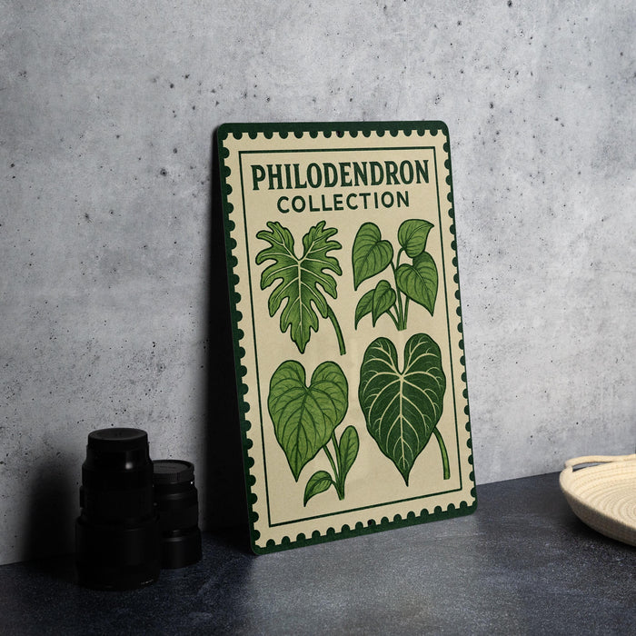 a poster or sign with illustrations of various green leaves, placed on a table next to some black camera lenses.