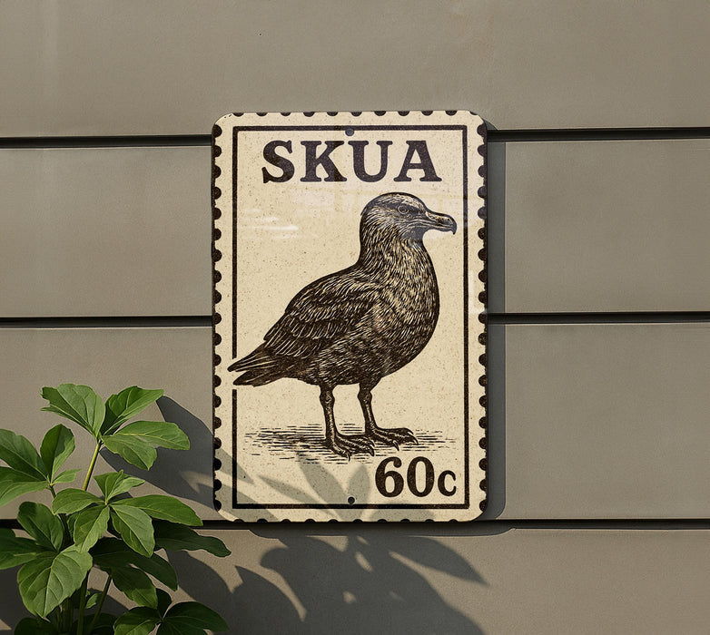 a postage stamp-like sign with a bird illustration, mounted on a wall.