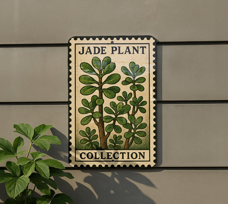 A decorative sign with a jade plant illustration is mounted on a wall, with a plant to the left of the sign.