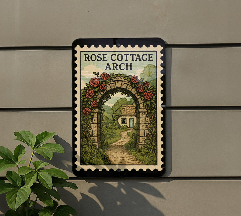 A framed illustration of a rose archway leading to a quaint cottage, with a path leading up to the entrance.