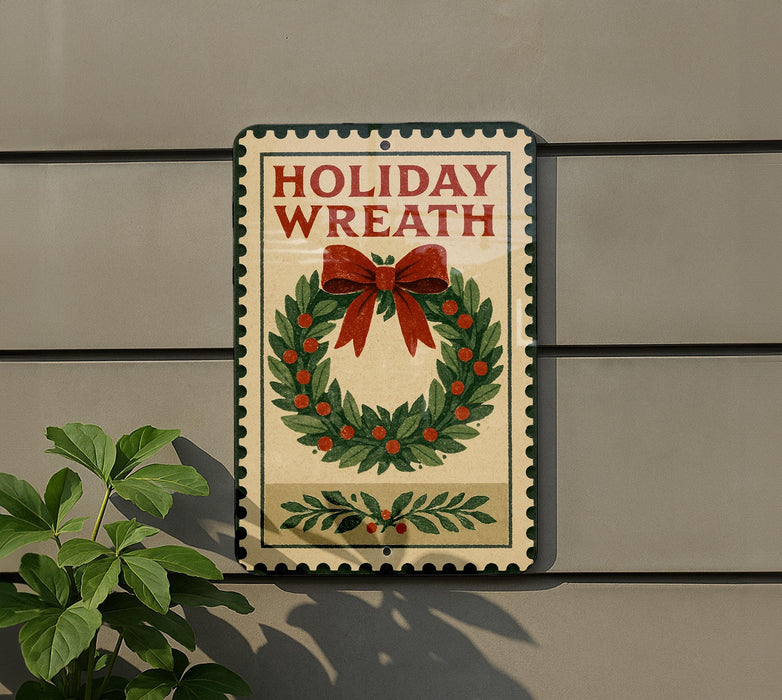 A metal sign with the text "HOLIDAY WREATH" and a wreath decoration is mounted on a wall.