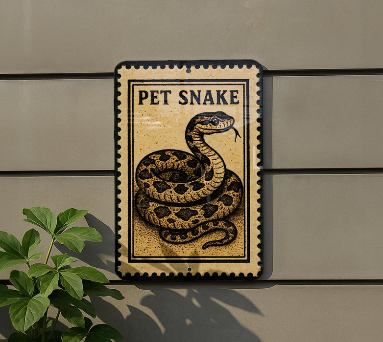 a sign with a picture of a pet snake on it, mounted on a wall.