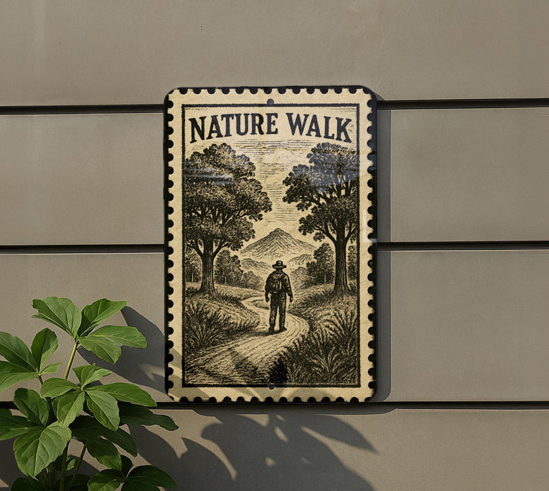 A vintage-style metal sign with the text "NATURE WALK" and an illustration of a person walking on a path through a forest.