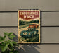 A vintage-style metal sign with the text "ENDURANCE RACE" and an illustration of two race cars on a track.