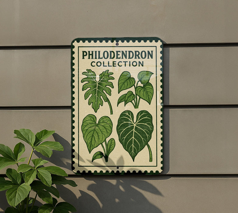 a sign with illustrations of Philodendron plants, indicating a collection of these plants.