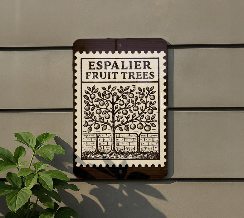 a sign for "Espalier Fruit Trees" mounted on a wall, with a plant to the left of the sign.