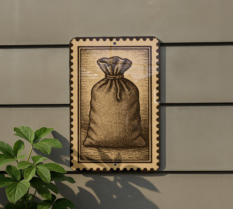 a large, detailed illustration of a bag or sack, which is mounted on a wall.