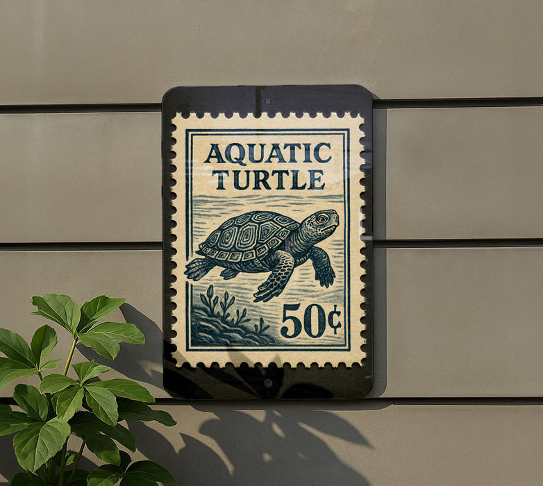 A sign that reads "Aquatic Turtle" and "50¢" is mounted on a wall, with a plant visible to the left.