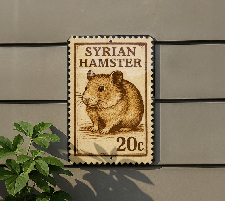A postage stamp featuring a hamster is displayed on a wall, with a plant visible to the left.