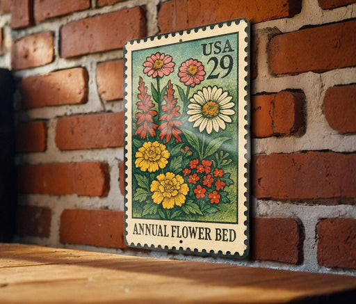 A metal sign with a floral design hangs on a brick wall, featuring a variety of colorful flowers and plants.