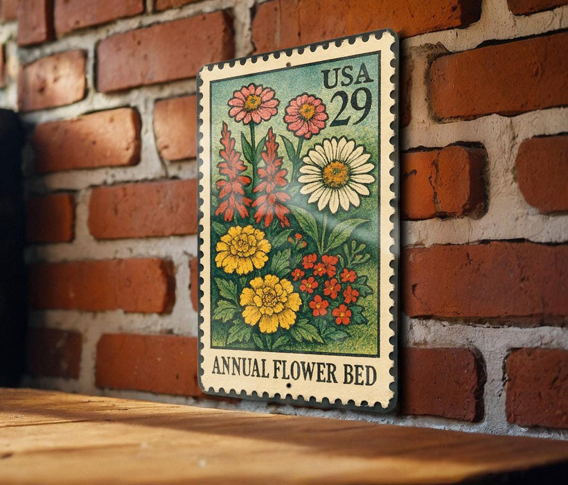 A metal sign with a floral design hangs on a brick wall, featuring a variety of colorful flowers and plants.