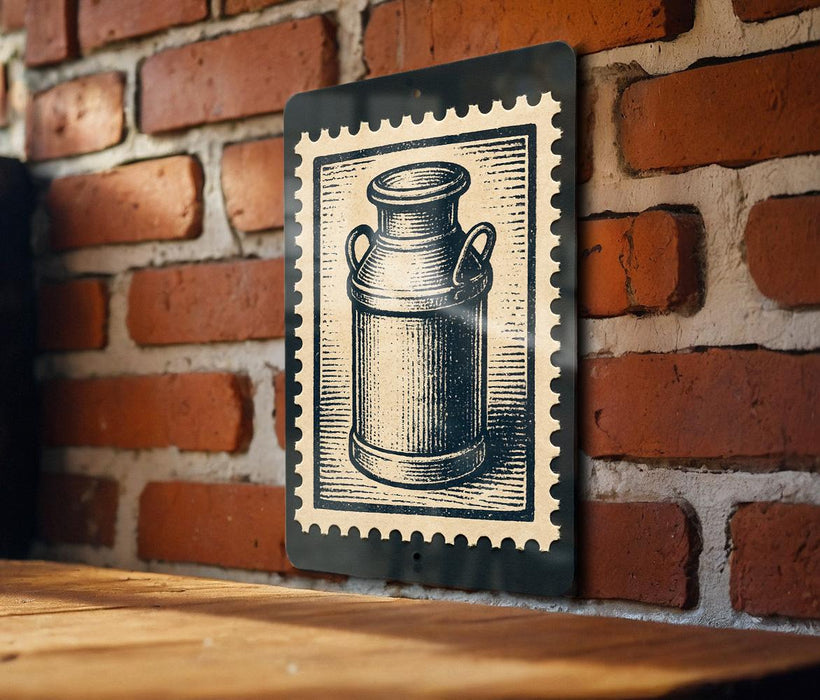 a brick wall with a metal sign featuring a black and white illustration of a milk can.