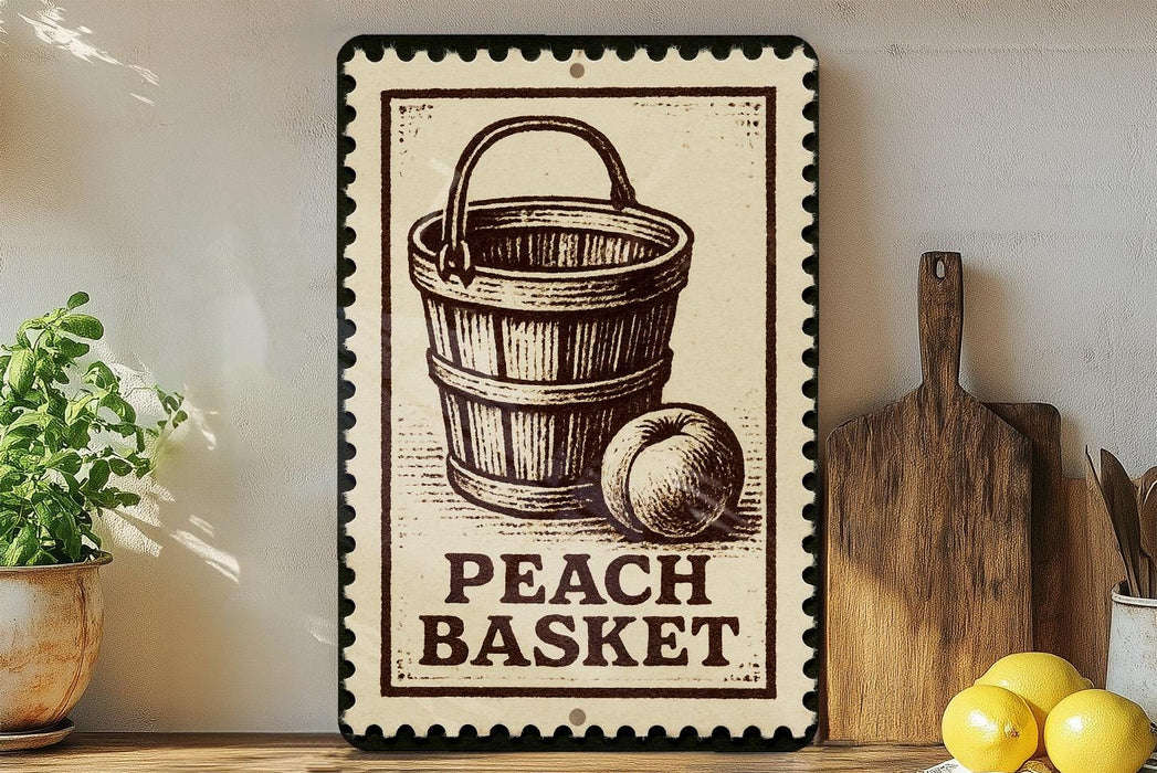 A vintage-style metal sign with a wooden bucket and a peach on it, placed on a wooden shelf next to a wooden cutting board and some lemons.