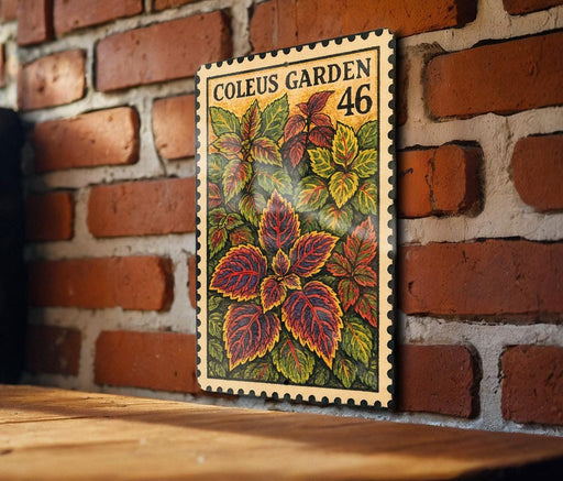 A wooden table with a brick wall in the background, and a framed image of a plant with colorful leaves hanging on the wall.