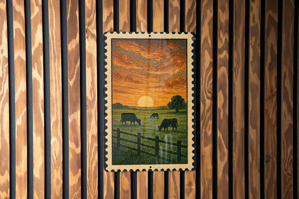 A framed painting depicting a pastoral scene with cows grazing in a grassy field, framed by a wooden fence.