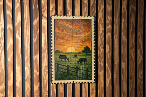A framed painting depicting a pastoral scene with cows grazing in a grassy field, framed by a wooden fence.