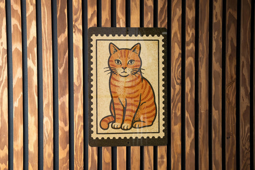 a wooden wall with a framed illustration of a cat.