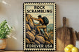 A vintage-style metal sign with a mountain landscape and a person climbing up the rocks, accompanied by the text "ROCK SCRAMBLING" and "FREVER USA".
