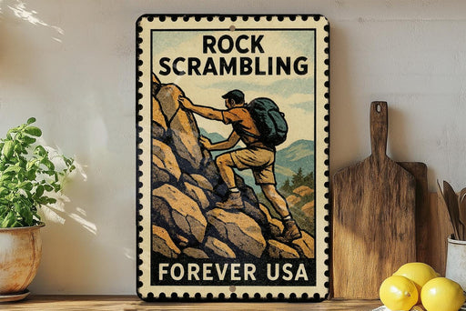 A vintage-style metal sign with a mountain landscape and a person climbing up the rocks, accompanied by the text "ROCK SCRAMBLING" and "FREVER USA".