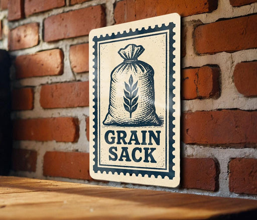 A metal sign with a graphic of a bag of grain and the text "GRAIN SACK" is displayed on a brick wall.