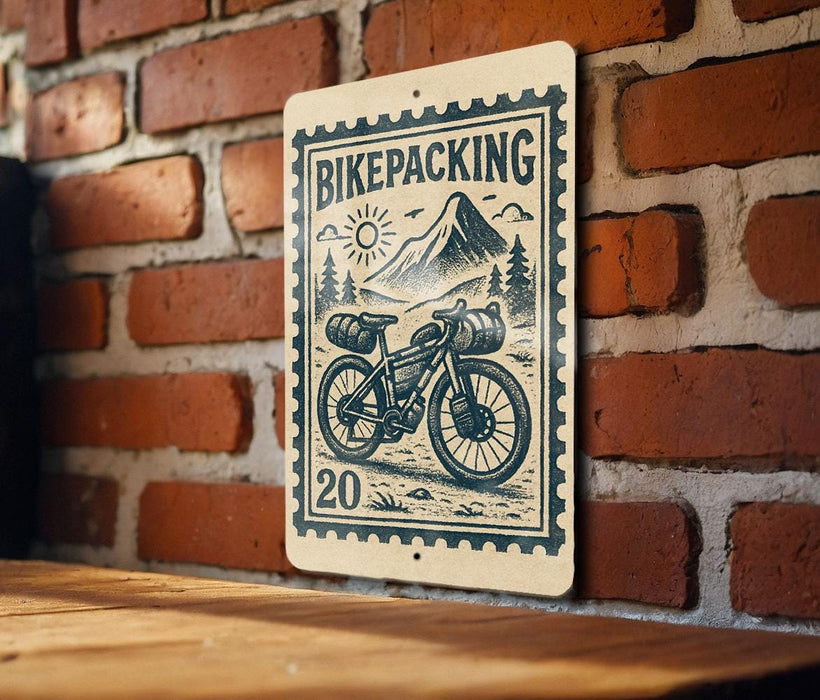 A wooden table with a bicycle on it, and a sign with a mountain and trees in the background, mounted on a brick wall.